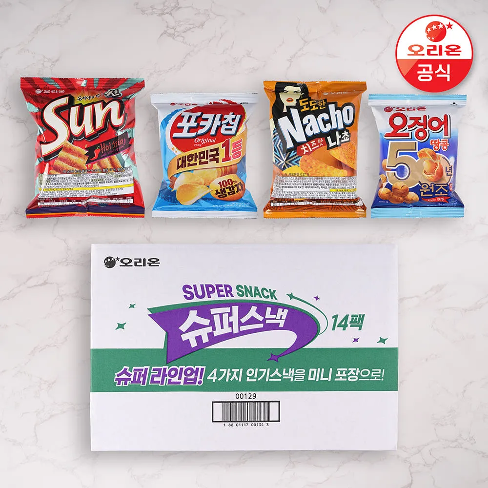 [오리온] 슈퍼스낵 14팩 (포카칩30g 3개 + 도도한나쵸 치즈맛50g 3개 + 썬 핫스파이시48g 4개 + 오징어땅콩 84g 4개)