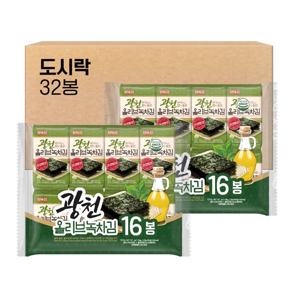 삼육김 광천 올리브 녹차 도시락김, 4g, 16봉, 2개