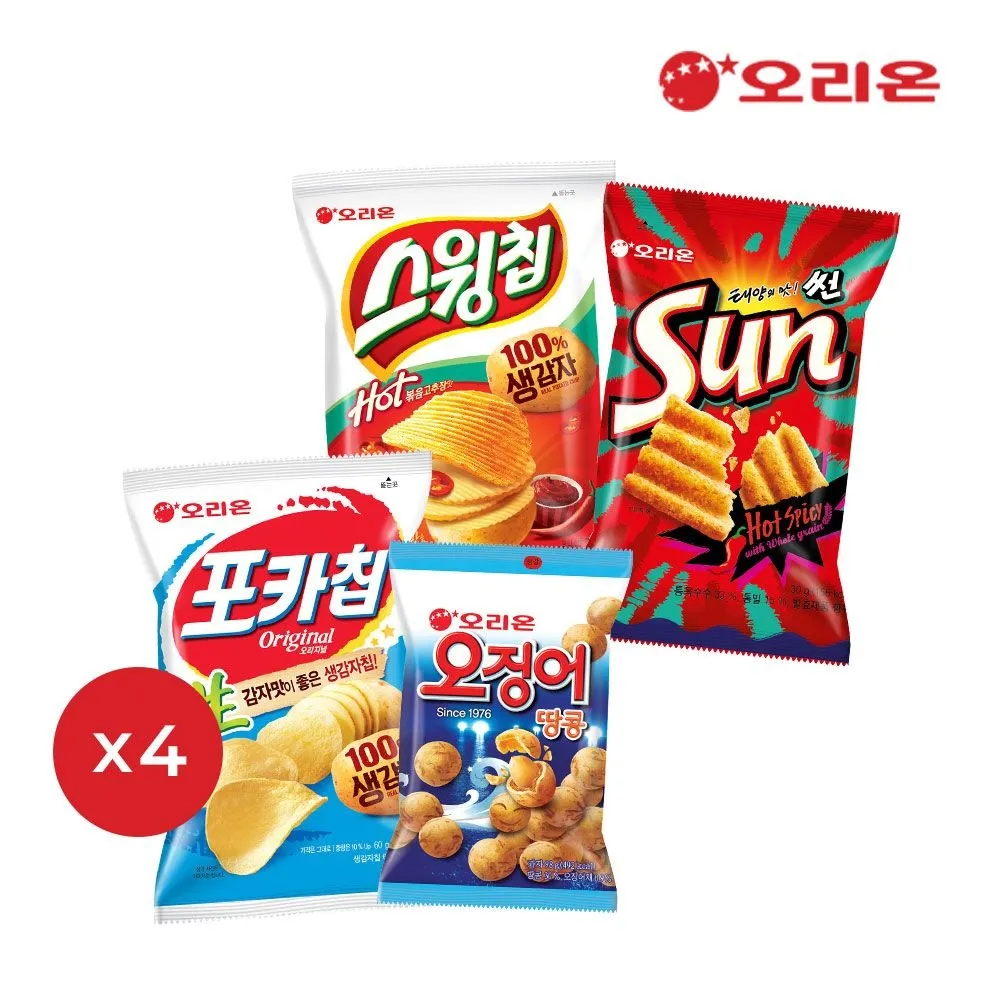 [오리온]오리온 베스트 스낵세트(4종16봉, 포카칩4+오땅4+스윙볶음고추장4+썬핫4) : 롯데ON