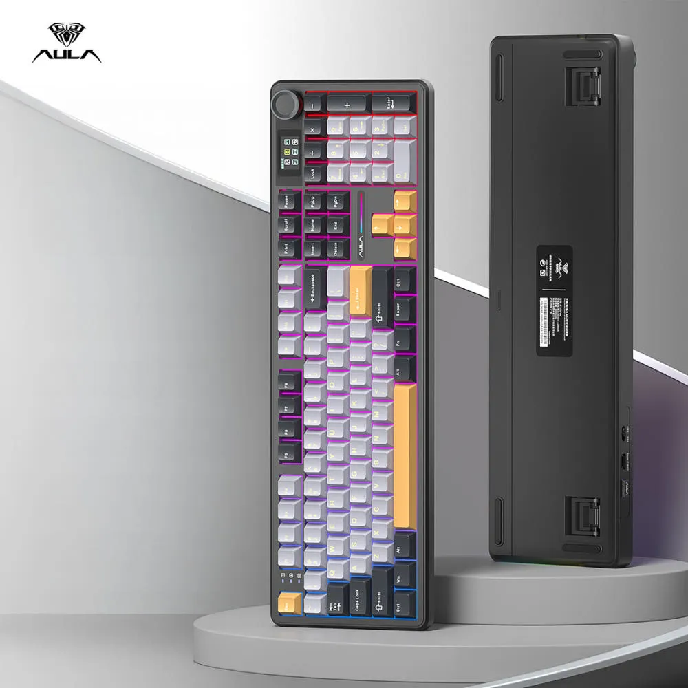 AULA 독거미 F108pro 3모드 기계식키보드 블루투스 블랙옐로우, 청우축