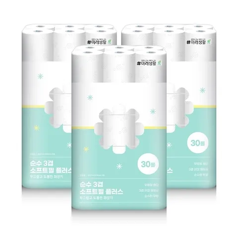 순수3겹 소프트필플러스 화장지 25m 30롤 x 3팩 (90롤)