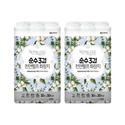 [로얄라이프] 천연펄프 화장지 순수 3겹(30m 30롤) 2팩 먼지없는 물에녹는 두루마리 롤 휴지