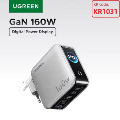 [UGREEN] 160W GaN 스마트 디스플레이 충전기, AVS, PD 3.1 140W, QC 4.0 지원. 맥북 프로, 노트북, 아이폰 18, 17, 아이패드, 태블릿, 삼성 S25 울트라 호환