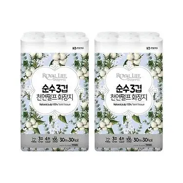 [천연펄프] 순수 3겹 화장지(30m x 30롤) 2팩 총 60롤 두루마리 휴지
