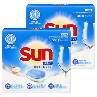 [유니레버] 썬 식기세척기용 타블렛 세제 베이킹소다 앤 소금 50개입, 500g, 2개 - 식기세척기용세제