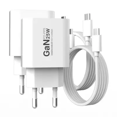 [에센스웨어] 25W PD PPS GaN C타입 초고속 충전기 + 60W C to C 1m 케이블 세트, 화이트, 2세트