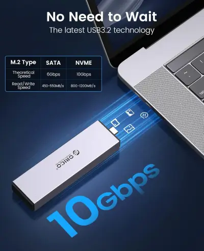 [ORICO] M.2 NVMe SATA SSD 외장 케이스, 알루미늄 재질, 별도 도구 없이 사용 가능, 10Gbps USB C 3.2 Gen2, PCIe NVMe M-Key, 6Gbps UASP 지원, 4TB SSD용.