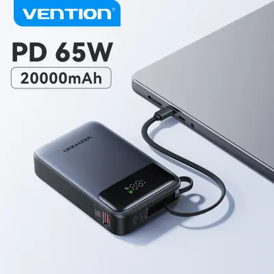[Vention] 벤션 65W 휴대용 보조 배터리, 20000mAh 용량, 내장 USB-C 케이블, 노트북용, 아이폰 18, 삼성 S26, S25용 PD 고속 충전 지원