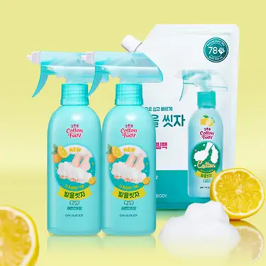 [온더바디] 코튼풋 발을씻자 풋샴푸 레몬 385ml 용기 2개+리필 500ml 1개 외 구성