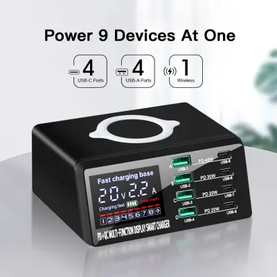 [110W] 8포트 USB 충전 스테이션 15W 무선 충전 PD 45W QC3.0 타입 C 고속 충전기 (아이폰 15 Pro, 맥북, 삼성 X9D 호환)